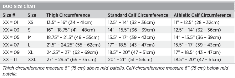 DUO Knee Brace Sizing Chart