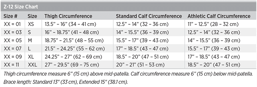 Knee Immobilizer Size Chart