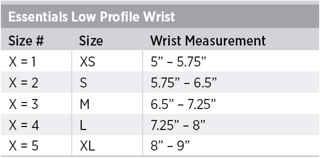Essentials Low Profile Wrist Sizing Chart