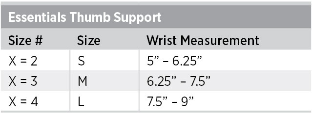 Essentials Thumb Support Sizing Chart