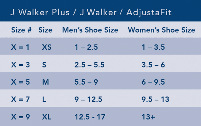 AdjustaFit Walker Boot Sizing Chart