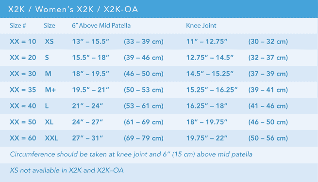 X2K Knee Brace sizing chart
